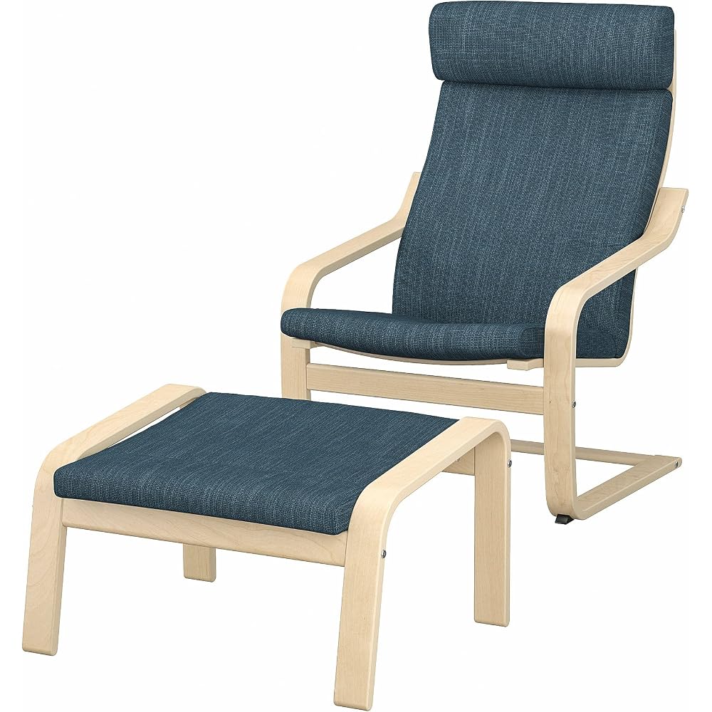 POÄNG Armchair and footstool, birch veneer/Hillared dark blue