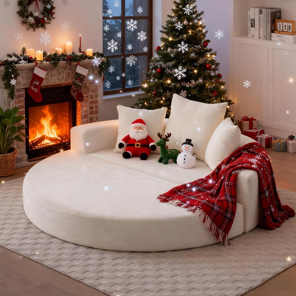 67" Convertible Sleeper Sofa Bed Upholstered Round, White Boneless Folding Sofa Bed Couch for Living Room Oversized Round Reading Chair for Bedroom Apartment