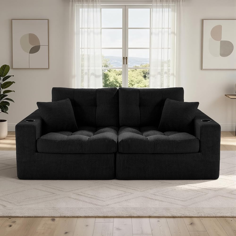80" Boneless Loveseat Sofa, Cloud Couch with Layered Cushion, Small Couch Compressed Foam Sofa for Living Room, Apartment, Office, Black Corduroy