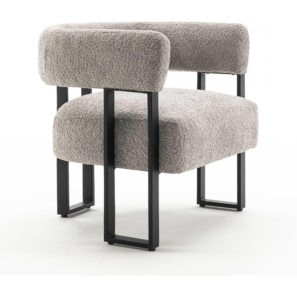 Accent Chair Grey Upholstered Teddy Velvet Single Sofa Modern Corner Round Padded Armrest Club Boucle Armchair for Living Room Bedroom Office Hotel Lounge Nursery Apartment Black Metal Stand