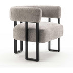 Accent Chair Grey Upholstered Teddy Velvet Single Sofa Modern Corner Round Padded Armrest Club Boucle Armchair for Living Room Bedroom Office Hotel Lounge Nursery Apartment Black Metal Stand