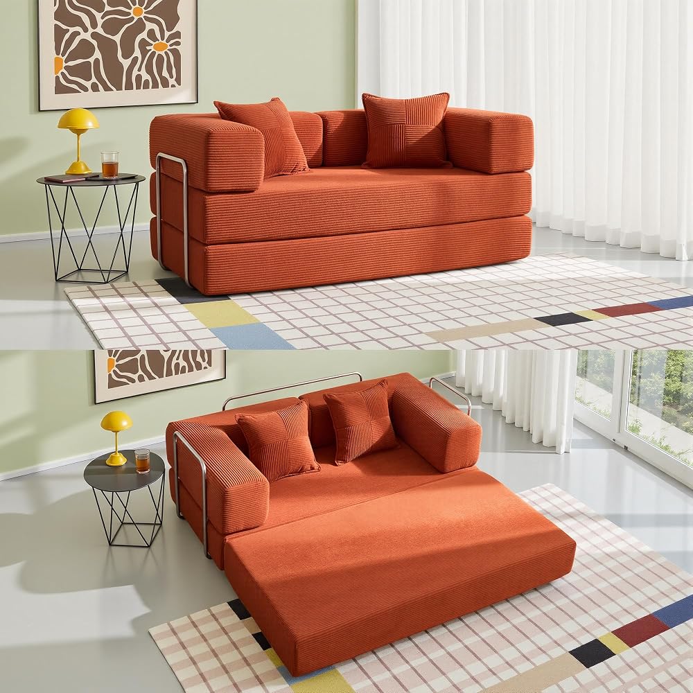 Sofa Bed, 62'' Folding Floor Couch, Compressed Convertable Sleeper Sofa, Memory Foam Couch with Pillow Back Support Armrest, 4-in-1 Futon Sofa Bed for Living Room, Tangerine