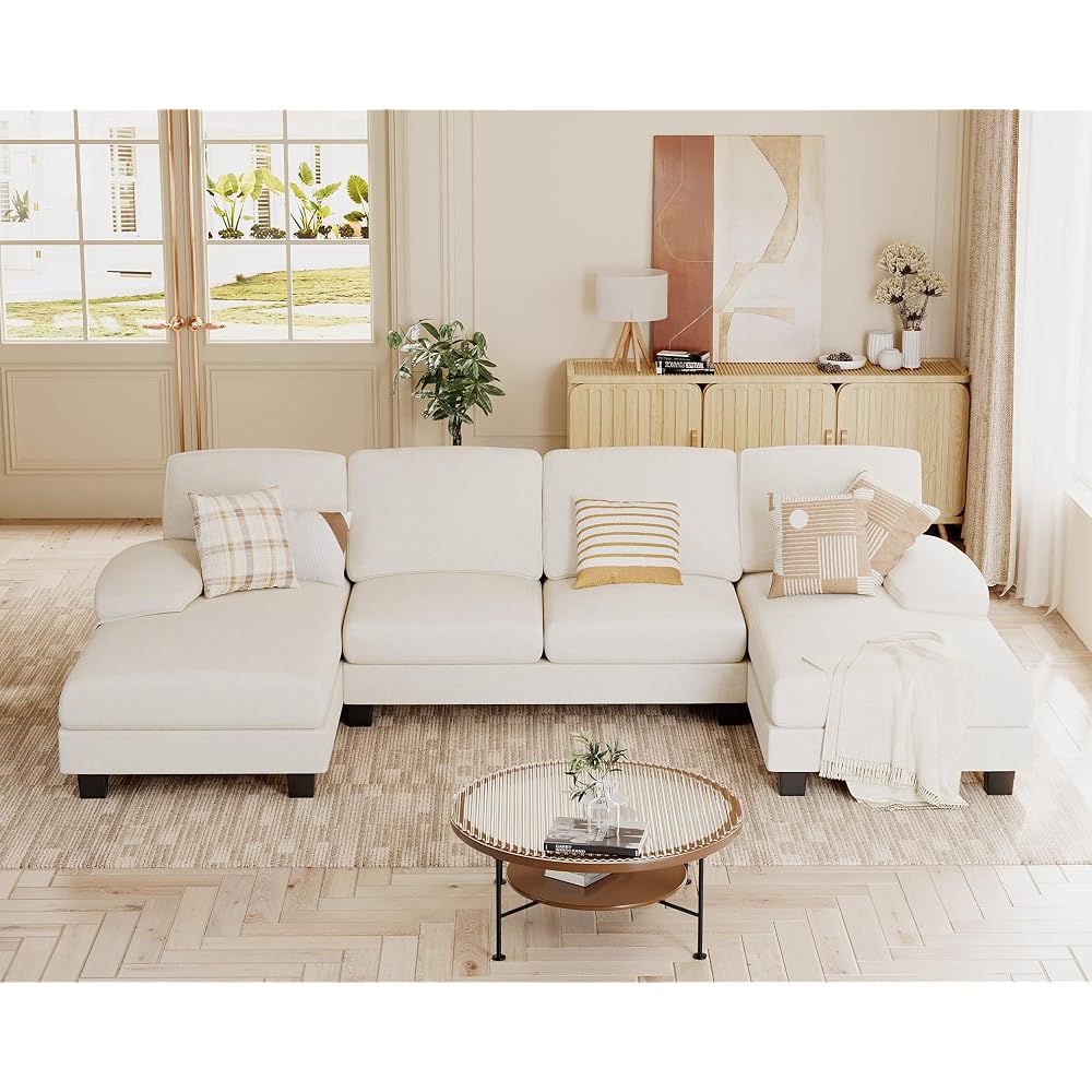 Sectional Couches for Living Room, U Shaped Couch with Chenille Fabric, 4 Seat Modern Sofa with Removable Pillows for Apartment and Small Space (Fabric, White)