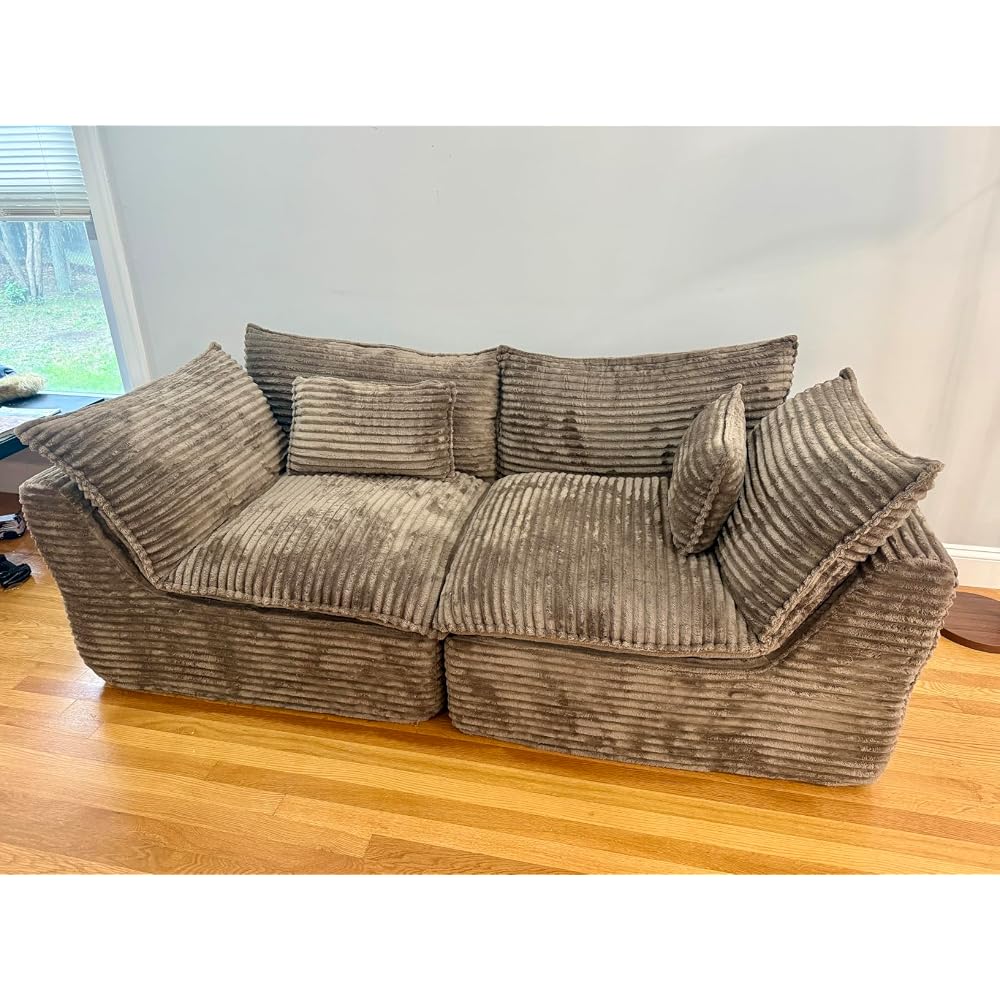 130 Inch Boneless Cloud Couch with 2 Ottomans, Compressed 4 Seat Modular Sectional Sofa, Fully Foam Couch for Large Living Room, Waffle Knit Fabric, No Hard Frame Sofa with 6 Pillows, White
