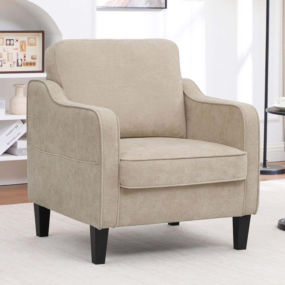 Accent Chair for Living Room, Mid Century Modern Reading Chair for Bedroom, Upholstered Armchair with Side Pockets, Comfy Single Sofa Side Chair for Office, Apartment, Small Room, Light Brow