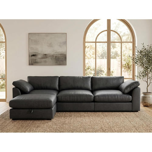 120" Oversized Cloud Modular Sectional Sofa for Living Room, L Shaped Cloud Couch with Storage Ottoman, Premium Faux Leather Sofa, Down-Filled Wide Deep Seat, Tool Free Assembly, Black
