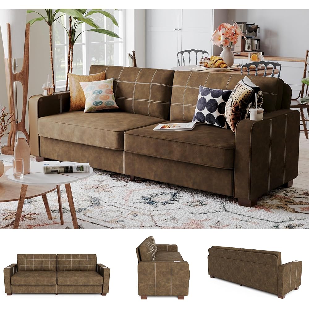 80 Inch Brown Faux Leather Sofa Couch