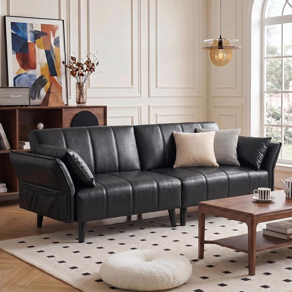 83" Faux Leather Futon Sofa Bed,Convertible 3-Seater Leather Couch(Black)
