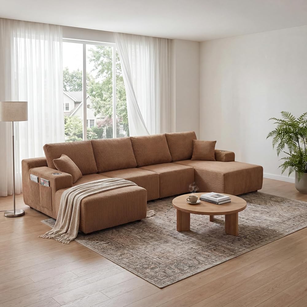 130-Inch Oversized U-Shaped Modular Cloud Sectional Sofa Symmetrical Boneless Corner Sofa Couch Deep Seat Double Chaises W/Cupholders, Modern Modular Compressed Cloud Couch