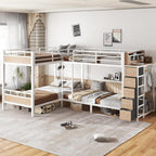 Metal Quad Bunk Bed with Drawers & Wardrobe for 4, L-Shaped Twin Size Quad Bunk Bed Frame,Heavy Duty Bunk Beds for Kids Teens Adults,White