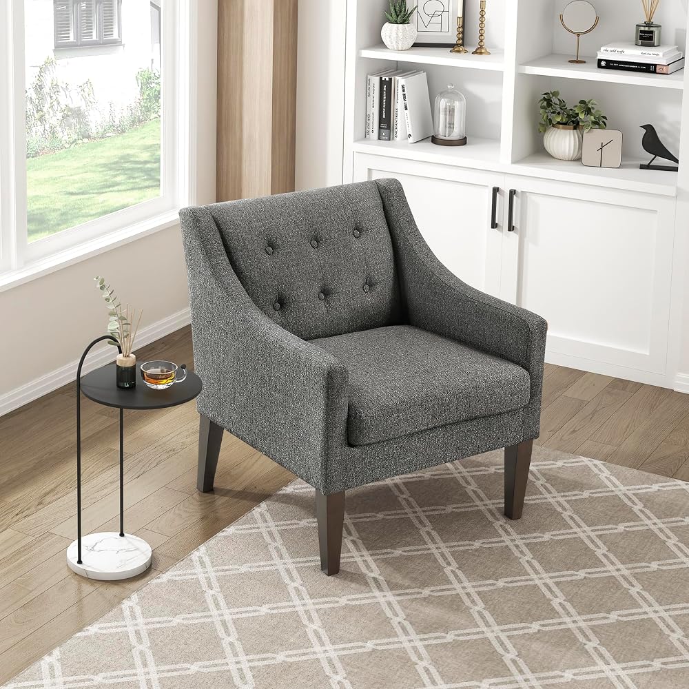 Living Room Accent Chair, Textured Fabric Upholstered Arm Chair with Button Tufted Back, Sloped Arms and Wooden Legs, Dark Gray