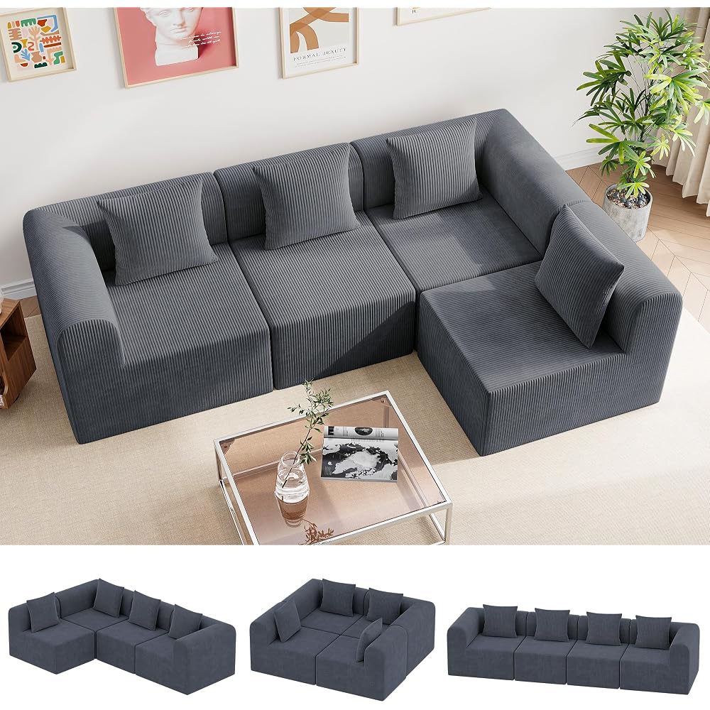 121'' Modular Sectional Couches for Living Room with Deep Seat, L-Shape Cloud Sofa Couch, High Density Memory Foam, Boneless Upholstered Couches, Easy Assembly (Dark Gray, 4 Seats)