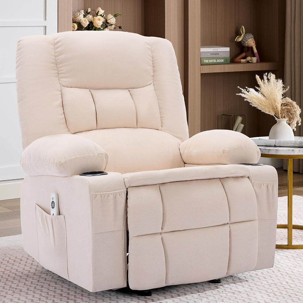 Rocker Recliner Chair with Massage and Heat, Nursery Rocking Chairs for Living Room, Ergonomic Comfy Relining Chair with Cup Holders, USB Charge Port, Side Pockets, Comfortable Arm, Single Sofa, Beige