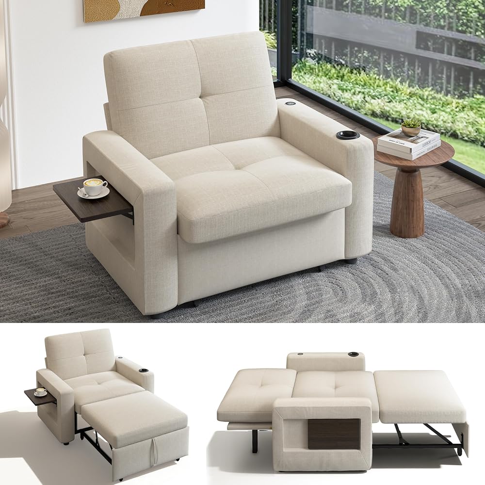 42.5" W Sleeper Chair Bed with Pull Out Bed, 3-in-1 Convertible Sleeper Sofa Chair with Adjustable Reclining Backrest, USB Ports, Side Table, Cup Holder, Side Pockets, Premium Beige Color