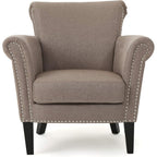 Brice Vintage Scroll Arm Studded Fabric Club Chair, Light Coffee / Dark Brown, 31D x 29.5W x 31.5H in
