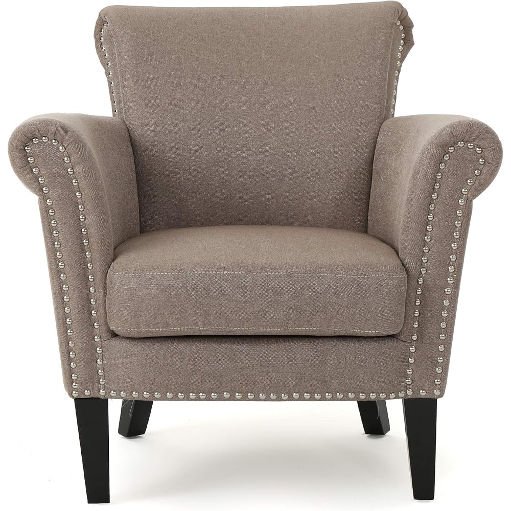 Brice Vintage Scroll Arm Studded Fabric Club Chair, Light Coffee / Dark Brown, 31D x 29.5W x 31.5H in
