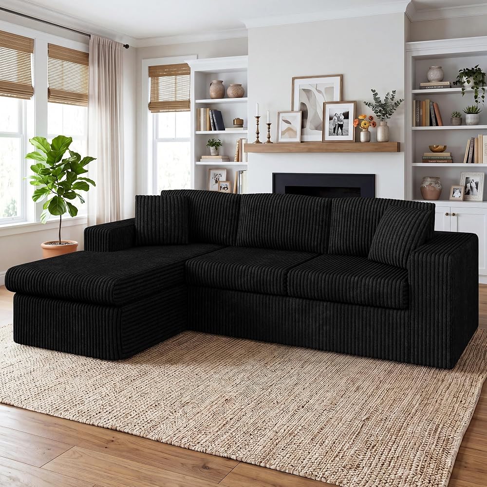 103" Boneless Couch, L Shaped Modular Sectional Sofa with Deep Seat, Cloud Foam Couch with Oversized Chaise Lounge, No Assembly Required Plush Corduroy Living Room Furniture, Black