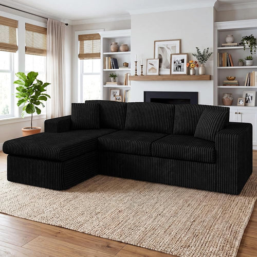 103" Boneless Couch, L Shaped Modular Sectional Sofa with Deep Seat, Cloud Foam Couch with Oversized Chaise Lounge, No Assembly Required Plush Corduroy Living Room Furniture, Black