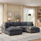 98" Modular Sectional Sofa with Movable Storage Ottoman, U-Shaped Cloud Couch with Fold-Down Backrest Table, Charing Ports, Cup Holders, Chenille Deep Seat Sectional Couches for Living Room, Gray