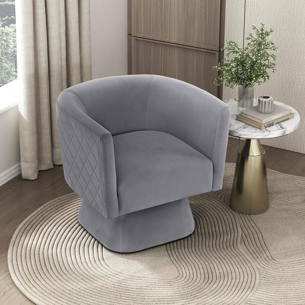 360 Degree Swivel Accent Chair, Modern Comfy Velvet Barrel Chair, Diamond Stitched Details, Plush Foam Cushions, Metal Swivel Base, for Living Room/Bedroom/Apartment/Office, Gray