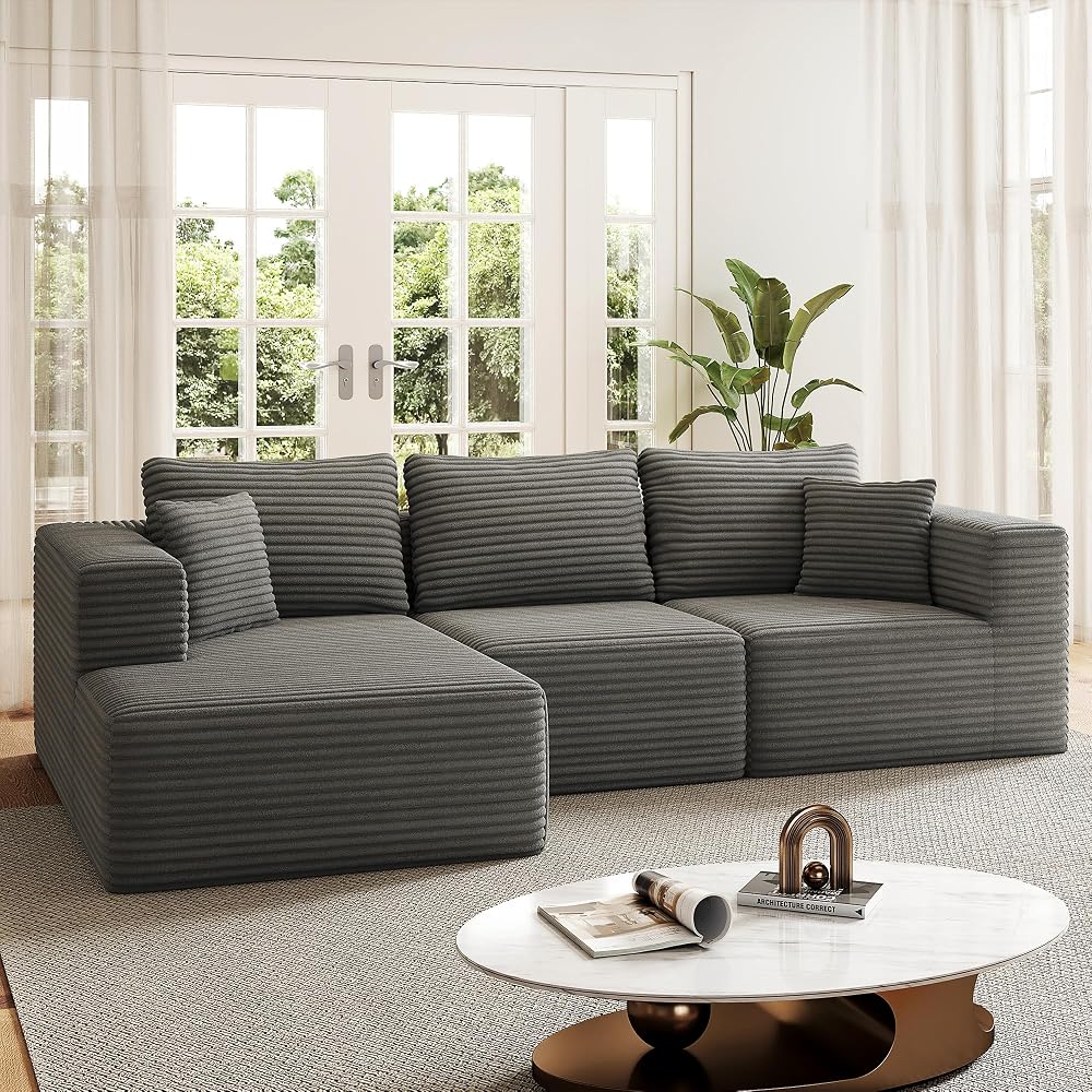 108.4" Sectional Couches for Living Room, Cloud Boneless Sofa with Oversized Chaise, Modular L-Shape Couch, Deep Seat Comfy Corduroy Fluffy Upholstered, No Assembly Required(Dark Grey)