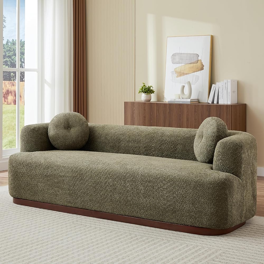 3 Seater Upholstered Sofa, Compression Couch with Solid Rubber Wood Base, Deep Seat Sofa with Accent Pillows, Modern Fabric Couch for Living Room or Apartment, Olive Green