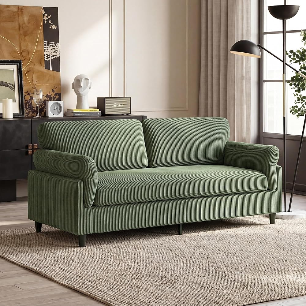 82.6" Corduroy Loveseat Sofa, Mid-Century Modern 2-Seater Couch, Upholstered Corduroy Sofa for Living Room, Bedroom, Green