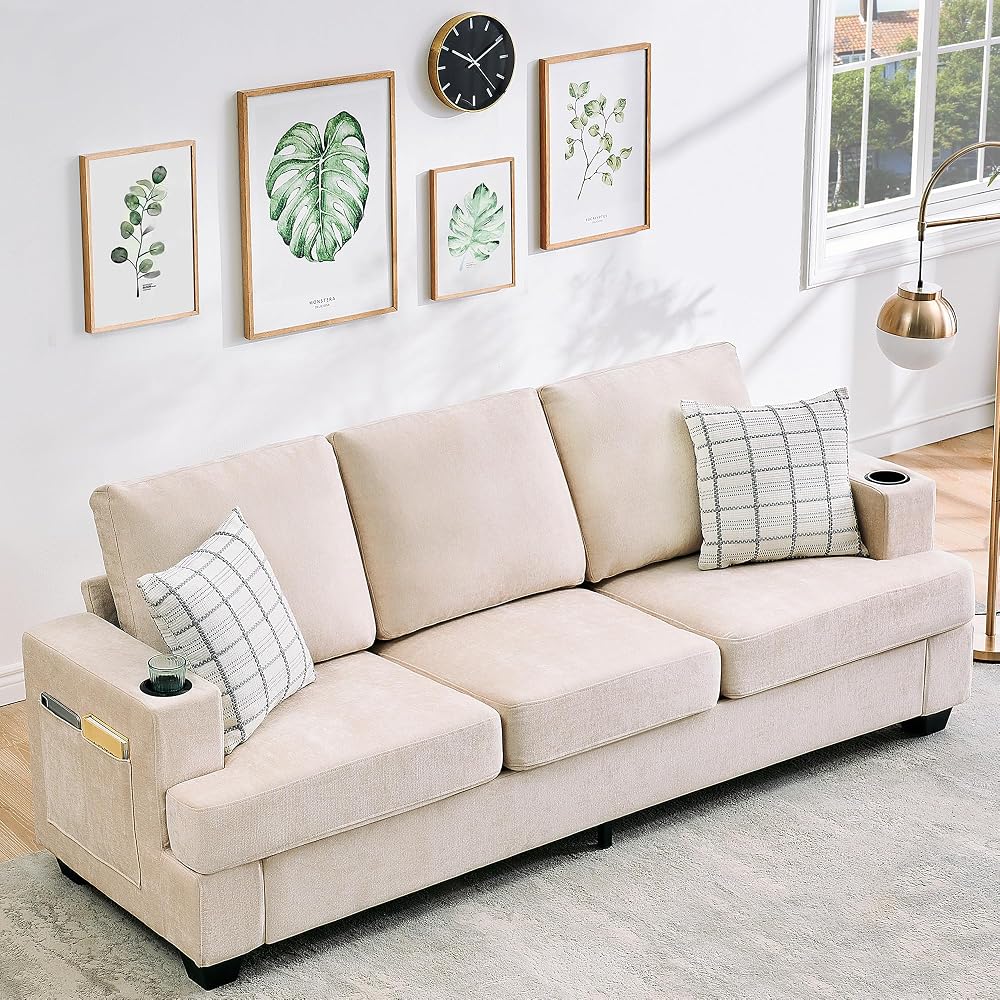 Chenille Sofa for Living Room, 89-Inch Comfy Couch with Deep Seat, Modern 3-Seater Sofa with Cup Holders and Side Storage Pockets for Apartment Lounge in Beige